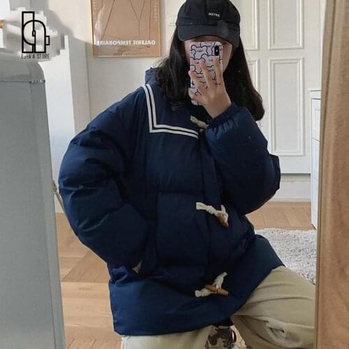 Luck A Winter Solid Horn Button Hooded Thick Warm Shorts Coats Female Casual Harajuku Down Coats Ladys Fashion Chic Outerwears