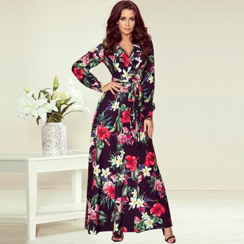 Women autumn floral print dresses long sleeved ankle length oversize maxi dresses with sashes elegant clothes for ladies