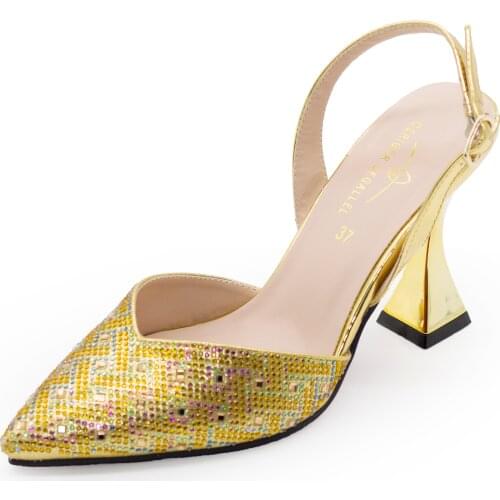 Y555-1 Female Slingbacks Women Pumps Heels Golden Rhinestone Female Shoes Pointed Toe Luxury Party Dress Shoes Stiletto Heels