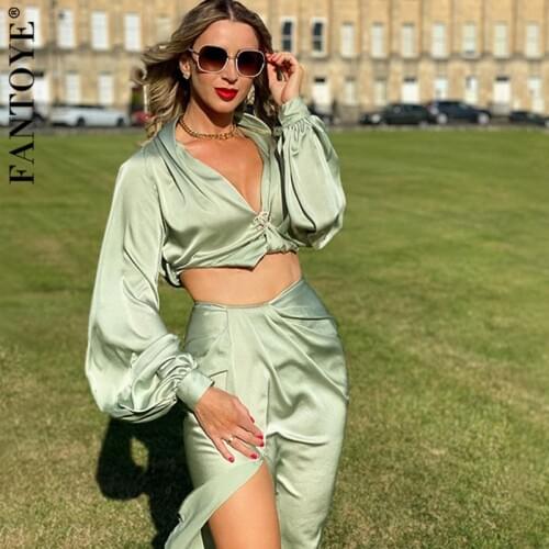 FANTOYE Satin Irregular Split Puff Sleeve Women Two Piece Dress Sets Sexy Deep V Neck Top And Skirt Set Slim Partywear Suits