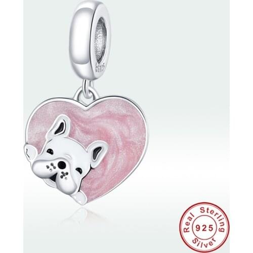 Fit European brand bracelet 925 sterling silver cute puppy metal heart pendant for woman romantic gift pink enamel jewelry