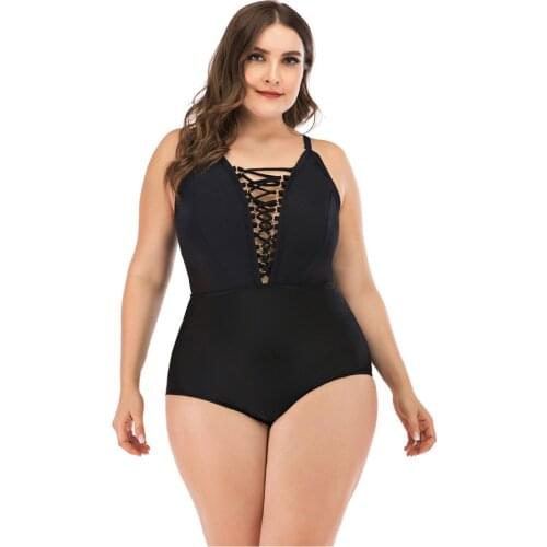 L-4Xl Striped Plus Size Swimsuit Bikini WomenS Solid Hollow Out Bandage Push Up Monokini Piece Swimsuit Donna Z0402
