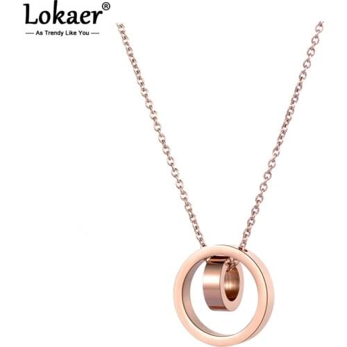 Lokaer Love Two Circle Double Buckle Pendant Necklace Female Stainless Steel Rose Gold Clavicle N18235
