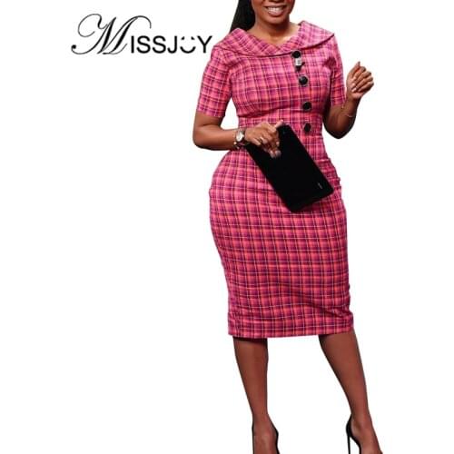 MISSJOY Office Work 2020 Spring Short Sleeves Bodycon Dresses Women Plaid Business Pencil Button Peter Pan Collar Female Elegant