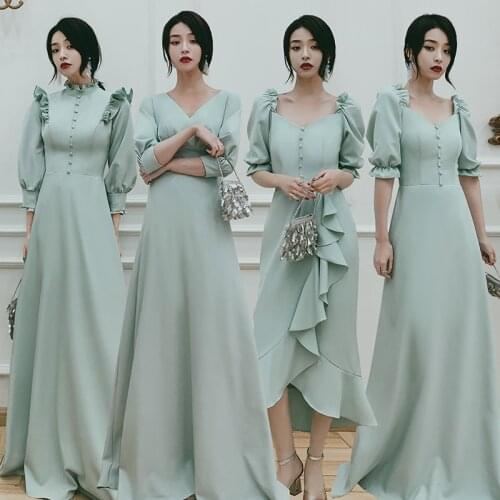 Bridesmaids Dresses Illusion Jersey Three Quarter Button V-Neck Floor-Length Luxury Green A-Line Women Wedding Party Gown E274
