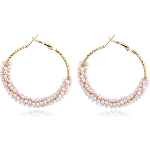 1Pair European Trendy Endless Small Bead Hoop Earrings For Sexy Women Bohemian Gold Color Big Circle Earrings Jewelry E395-1