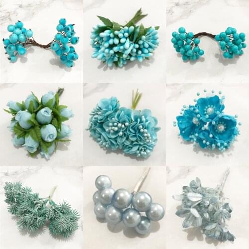 6/10/12/50/70/90pcs Mix Blue Flower Cherry Stamen Berries Bundle DIY Christmas Wedding Cake Gift Box Wreaths Decor