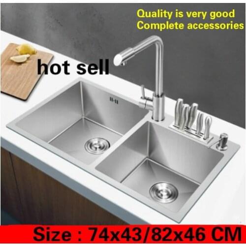 Free shipping Apartment standard multifunct kitchen manual sink double groove food grade 304 stainless steel 740x430/820x460 MM