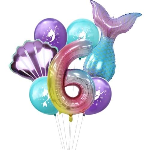 Large Mermaid Balloon Set Rainbow Number Mermaid tail Shell Foil Balloon Childrens Boy Girl Birthday Theme Party Decorations