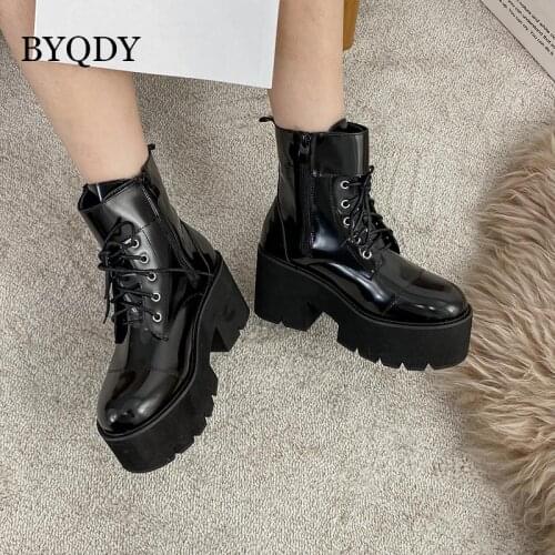 BYQDY High Heels Woman Ankle Boots Gothic Round Head Platform Ladies Shoes Rubber Sole Buckle Black Leather PU Party Booties