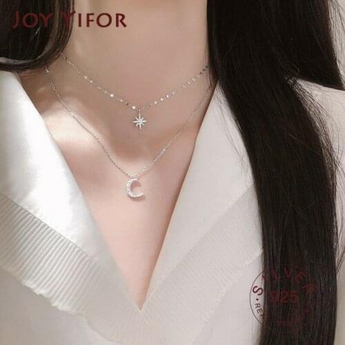 925 sterling Silver Plated Moon and Star Double Layer Chain Link Pendant Necklaces for Women Fine Jewelry