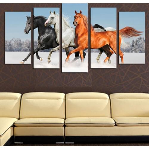 Part 5 panels without modern horses running in the snow HD Image Art Print On Canvas Painting The Wall of Home Decoration F/1780