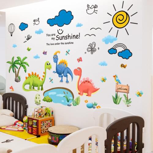 Dinosaurs Animals Wall Sticker DIY Clouds Birds Tree Wall Decals for Kids Room Baby Bedroom Children Nursery Home Decoration