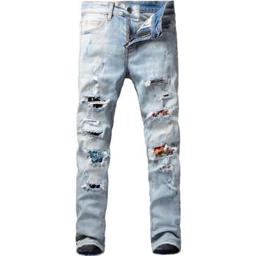 European American Street Fashion Men Jeans Retro Light Blue Slim Fit Ripped Jeans Men Patches Designer Hip Hop Denim Punk Pants