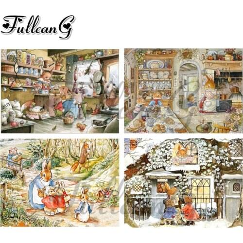 FULLCANG Cute rabbit family diy full square round drill diamond painting 5d mosaic embroidery sale animal home decoration FC3541
