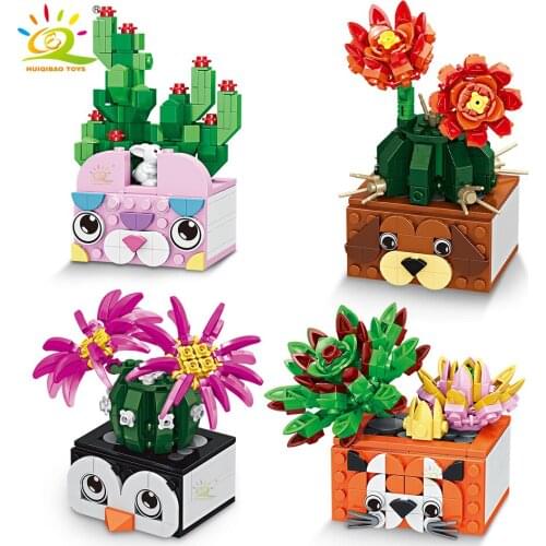 HUIQIBAO Bouquet Cactus Flower Potted Model Building Blocks Creative City Bricks Set Children Educational Toys DIY Decoration