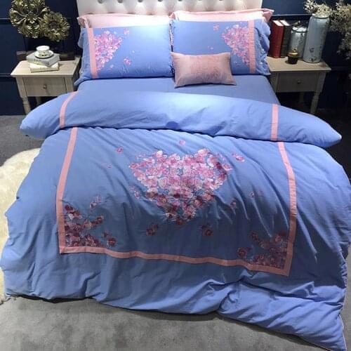 Blue New Luxury Embroidered Soft Thicken Sanding Cotton Bedding set Queen King Flower Duvet cover Bed sheet set Pillowcases 4pcs