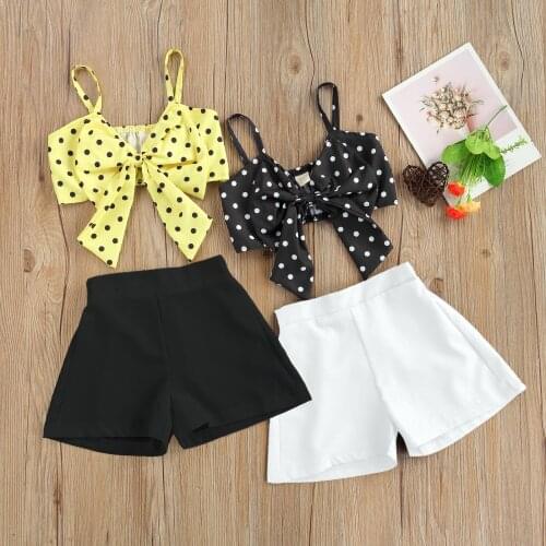 2 Pcs Toddler Summer Outfits Baby Girls Sleeveless Polka Dot Print V-Neck Bowknot Spaghetti Strap Crop Top + Solid Color Shorts