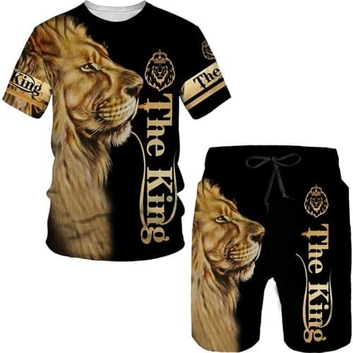 2021 Lion Summer 3d Printing Mens T-shirt Shorts Suit Mens Sportswear Sportswear O-neck Short-sleeved Mens Clothing Boy Suit