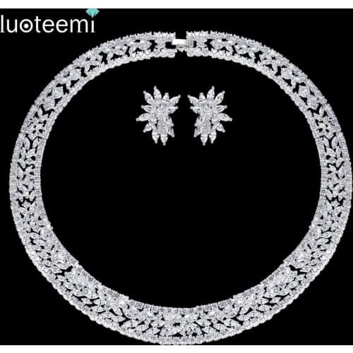 LUOTEEMI New Luxurious Gorgeous Micro Paved Crystal Cubic Zirconia Flower Earrings Necklace Chocker Bridal Wedding Jewelry Sets