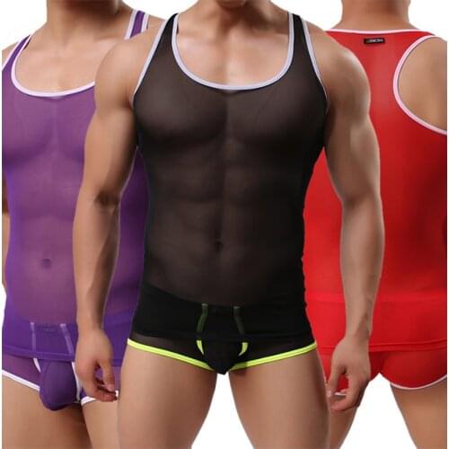 Summer Style 2018 Brand New Mesh Striped Transparent Men Sexy Bodybuilding Tank Tops Male Gay Wrestling Singlet Shirt M L XL