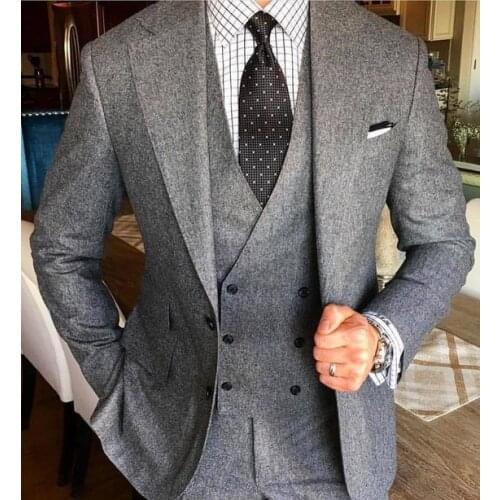 2018 Tailor-Made Smoking Grey Tweed Men Suit Slim Fit 3 Piece Groom Tuxedo Custom Blazer Prom Wedding Suits Terno Masculino 07