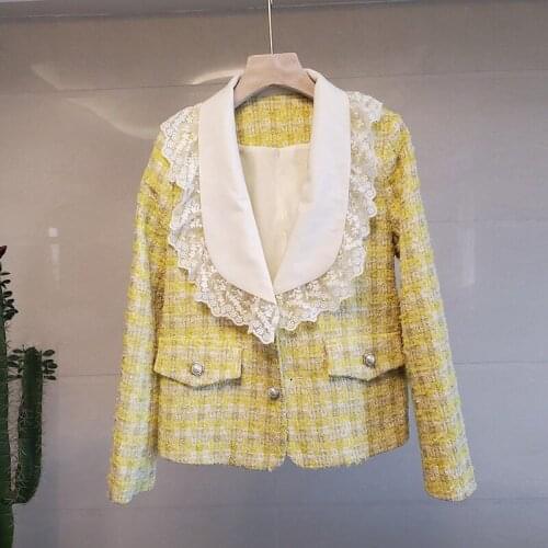 Womens temperament commuter jacket womens autumn and winter new style fashion retro tweed stitching womens blazers jacket