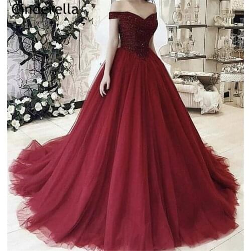 Cinderella Dark Red Off The Shoulder Lace Up Back Crystal Beaded Soft Tulle Evening Dresses vestidos de fiesta de noche