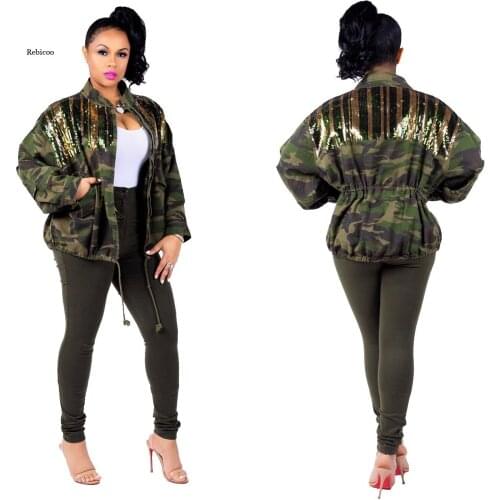 Womens Camouflage Denim Jacket Stitching Sequined Windbreaker Jacket Womens Clothing