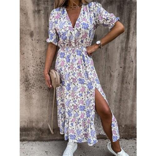 2021 Spring Floral Print Slim Long Shirt Dress Women V-neck Button Split Party Dress Autumn Long Sleeve Elastic Waist Maxi Dress