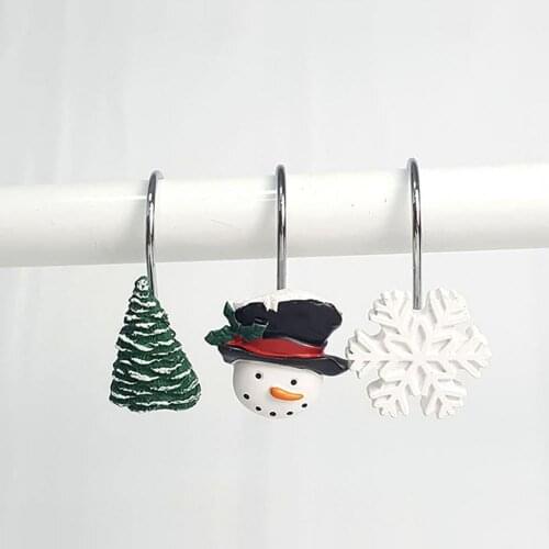 12Pcs Shower Curtain Hooks Cartoon Christmas Pattern Resin Waterproof Snowman Snowflake Tree Curtain Towel Rings for Bathroom