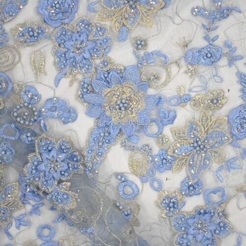 2020 blue bridal lace fabrics tulle lace with sequence and pearls HY0771-2