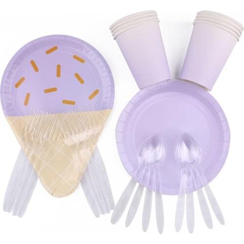 40Pcs Purple Ice Cream Party Decoration Tableware Decoracion Niño Plate Cup Paper Towel Straw Tablecloth Party Birthday Discount