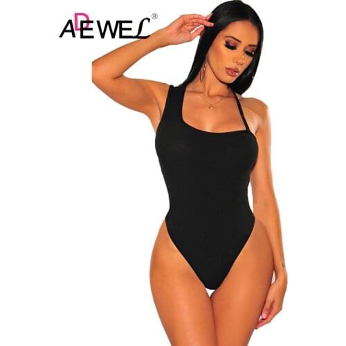 ADEWEL Black Ribbed Knit Asymmetrical Bodysuit Push Up Women Mesh Body Feminino Mujer Bodycon Neon Clothes Intimo Donna Sexy Hot