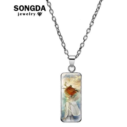 Anime The Promised Neverland Rectangular Necklace Norman Emma Cartoon Figure Pattern Glass Surface Neck Jewelry Fans Women Gift