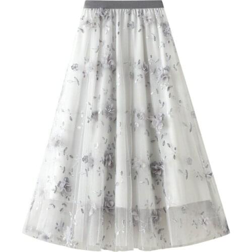 White Elegant Fashion Vintage Floral Pleated Skirt Summer Women Korean Style Appliques Tulle Skirts Female All-Match Skirts Lady