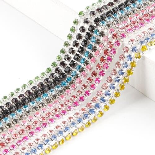Hot 23 Colors 1m/lot ss8 2.5mm High Density Flatback Transparent Rhinestone Chain Trim Silver Base Claw DIY Clothes Accessories