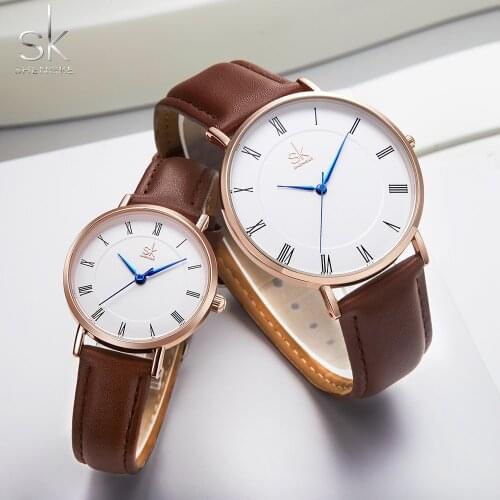 Shengke 2019 Lovers Watches Set Quartz Wrist Watch for Men and Women Beloved Simple Leather Band Brown Saat Relojes Para Mujer