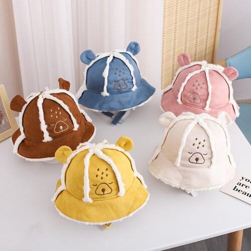 Doitbest 2021 Winter baby kids Bucket Hats Warm Cartoon fur inside big ears Sun Cap Boy Girls Outdoor Beach Fisherman Hat