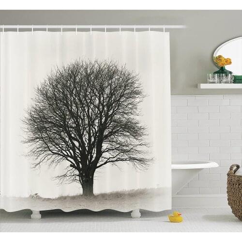 Farm House Shower Curtain of A Big Tree On A Field Branches Fall Season Monochromic Landscape Artwork Wall Decoration Curtains
