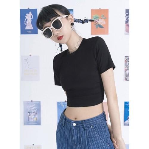 Street Style Fashion Shoulder Pads Solid Casual Women Summer T-shirt Elegant Pullover Slim Lady Navel Tops Sexy Night Club Wear