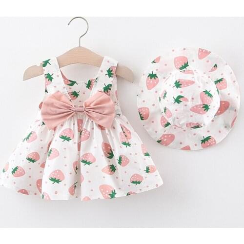 2pcs Baby Girls Dress With Hat Clothes Sets Strawberry Print Toddler Kids Clothes Baby Sleeveless Birthday Party Princess Dress