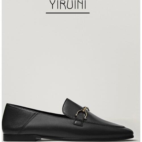 Leather Flats Withered Summer England Office Lady Simple Genuine Leather Slip-On Loafers Shoes Women Shoes Women Flat Shoes