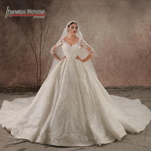 2022 Luxury Shinny Real Photo Wedding Dress Three Quarter Sleeve Lace Beading Wedding Dress