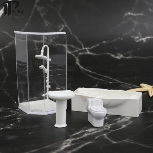 Dollhouse Miniature Bathroom Set Shower Room Toilet Bathtub Sink Model Toy Micro Bathroom Set Accessories