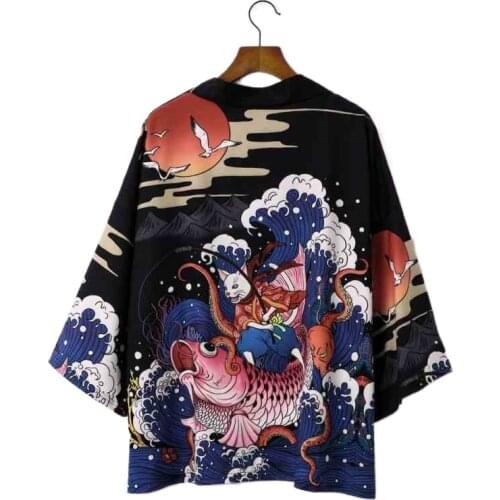 Summer Fashion Women Clothing Jacket Shirt Traditional Yukata Haori Vintage Carp Print Japanese Kimono Cardigan V2031