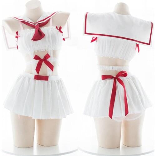 Cute Sexy Women Sling Dress Kawaii Female Navy Sailor Style Bowknot Hollow Out Underwear Ultrashort Ladies Dress Suit