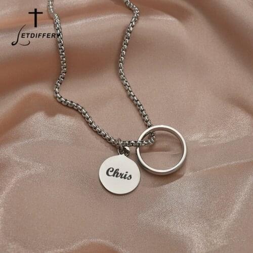 Letdiffery Fashion Engraved Name Round Pendant With Ring for Women Men Hiphop Satinless Steel Never Fade Choker Jewelry Gifts