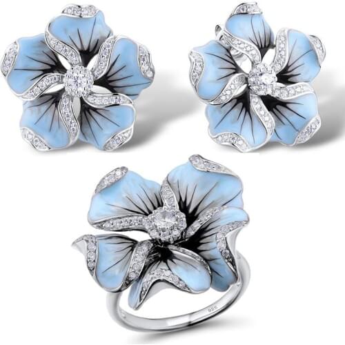 MOONROCY Blue Crystal CZ Ring and Earring Wedding Jewelry Set Silver Color Jewelry Set Wholesale for Women Gift Dropshipping