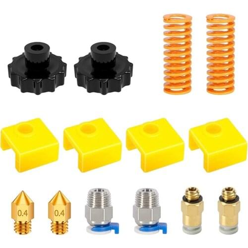 3D Printer Kit Brass Nozzle Plastic Nut Spring Yellow Silicone Sleeve Suitable for Ender 3 and CR-10 Series 3D Printers